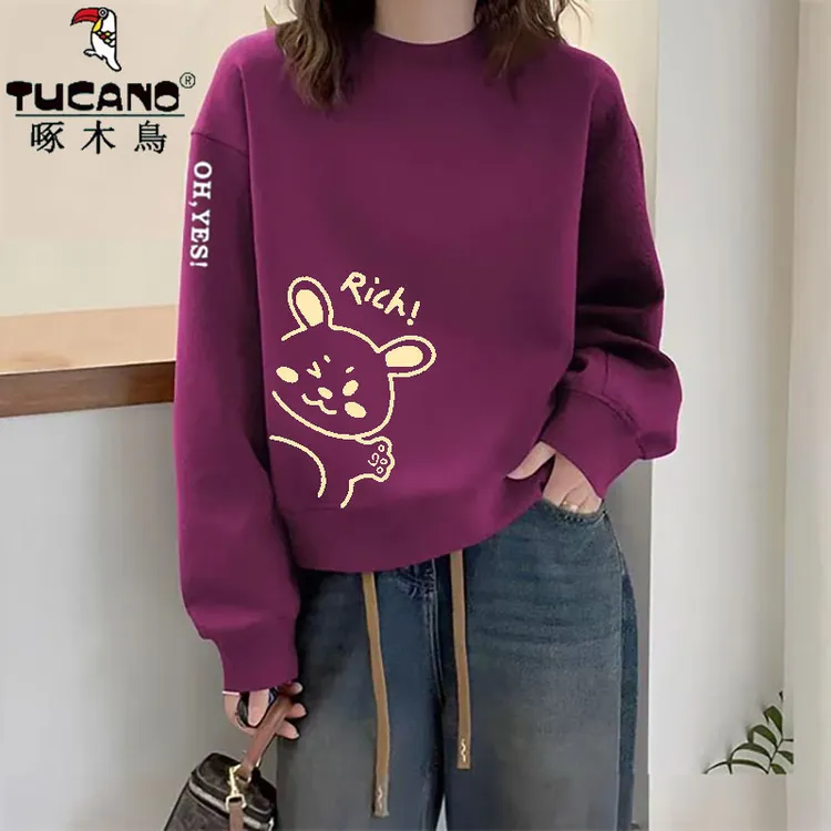 啄木鸟纯棉无帽卫衣女早春时尚宽松显瘦圆领印花韩版百搭气质上衣