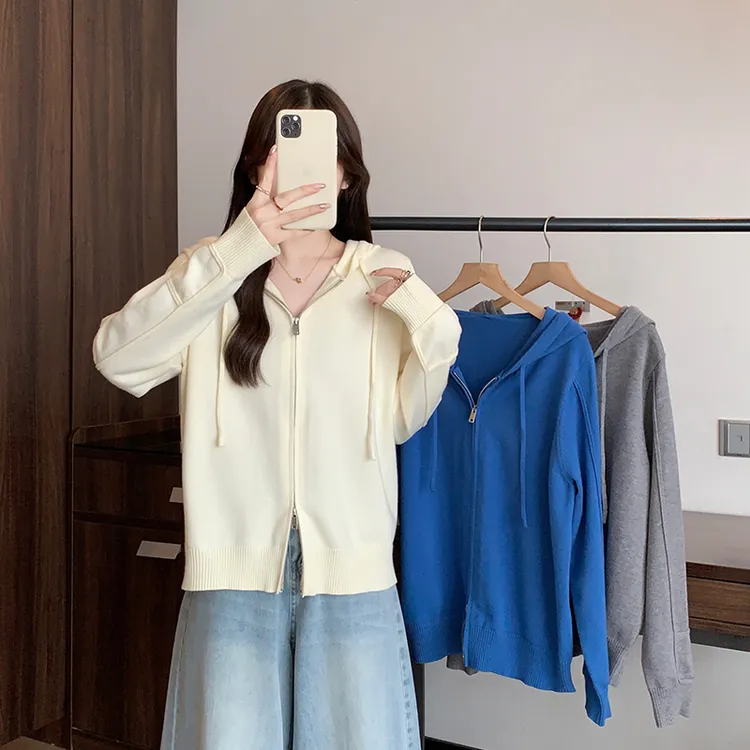 2025秋装新款胖mm大码女休闲双拉链抽绳连帽长袖针织上衣72023