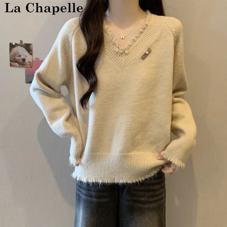 拉夏贝尔秋冬款女装胖mm毛衣V领针织衫流苏宽松显瘦正肩内搭上衣