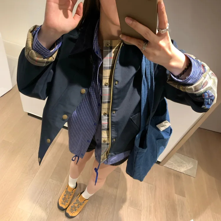 2025年春季新款日系夹克风衣双面穿格子撞色拼接短款外套女上衣女