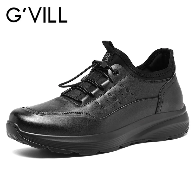 G'VILL/贵之步真皮休闲皮鞋一脚蹬男士黑色爸爸鞋防滑户外休闲鞋