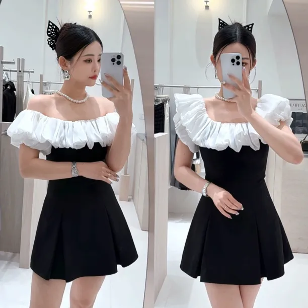 【柔嘉Yoga】配项链一字肩西装短款法式2025年小个子黑色连衣裙