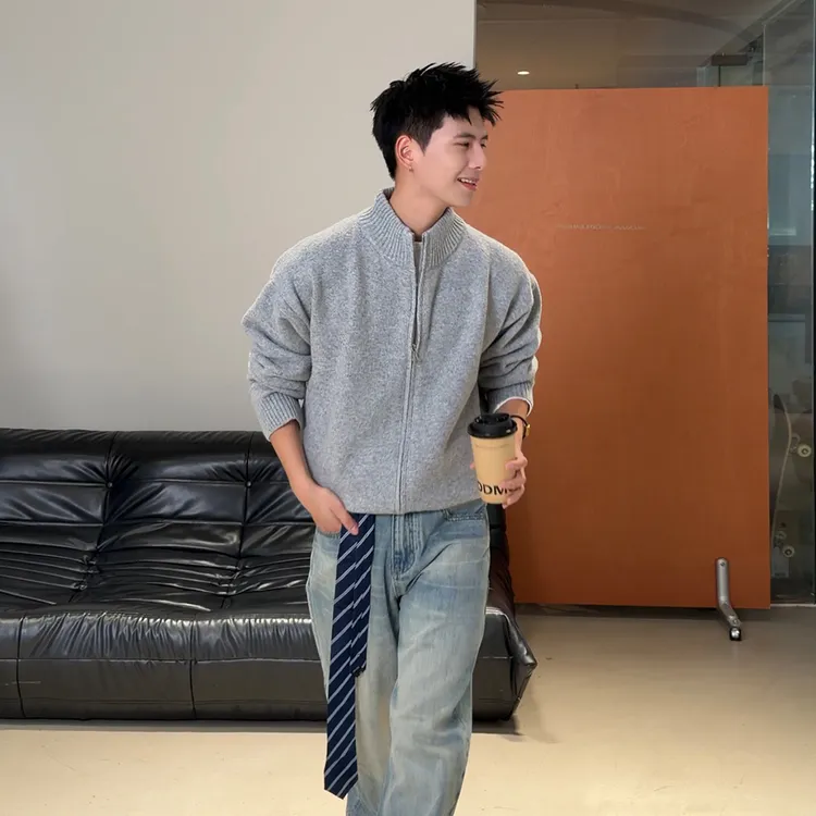 Holocene美式潮牌重磅开衫针织衫百搭cleanfit立领情侣款外套M46