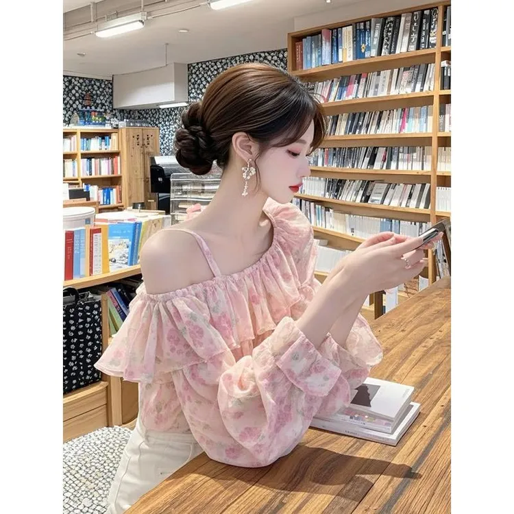 2025春秋新款新中式国风粉色泡泡长袖一字肩碎花设计感百搭衬衫女