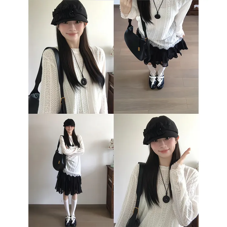 2025新款女士早秋季日系复古白色蕾丝拼接长袖T恤上衣高腰半身裙