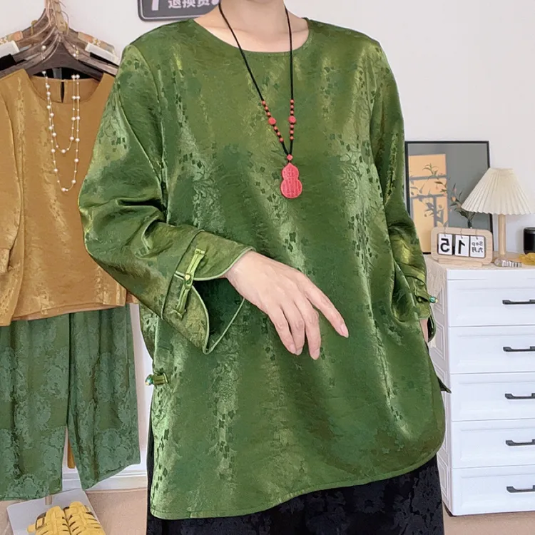 新中式大码女装2025秋季款国风暗纹提花盘扣袖口圆领衬衫显瘦上衣
