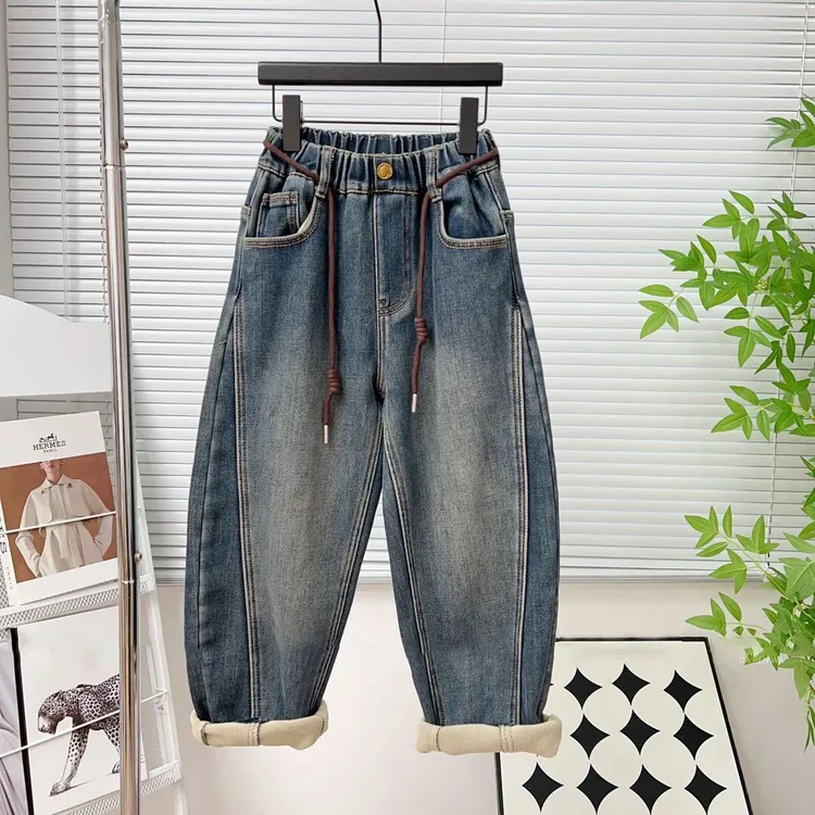 【加绒】男童秋冬韩版2025新款百搭慵懒设计款潮流中大童牛仔裤子