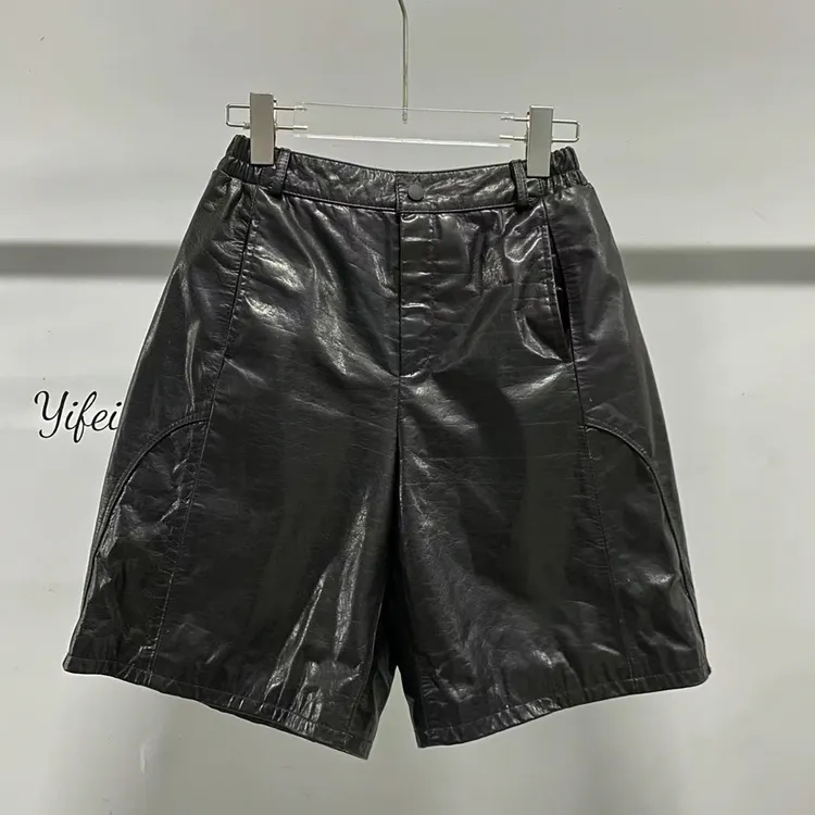 2025新款真皮皮裤女绵羊皮休闲时尚显瘦直筒阔腿裤高腰中长五分裤