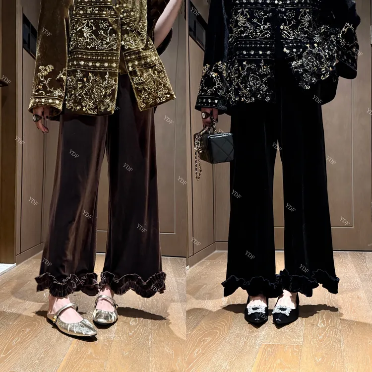YDFSTUDIO【花落江南】欧货高品早秋重工花边蕾丝拼接设计丝绒裤