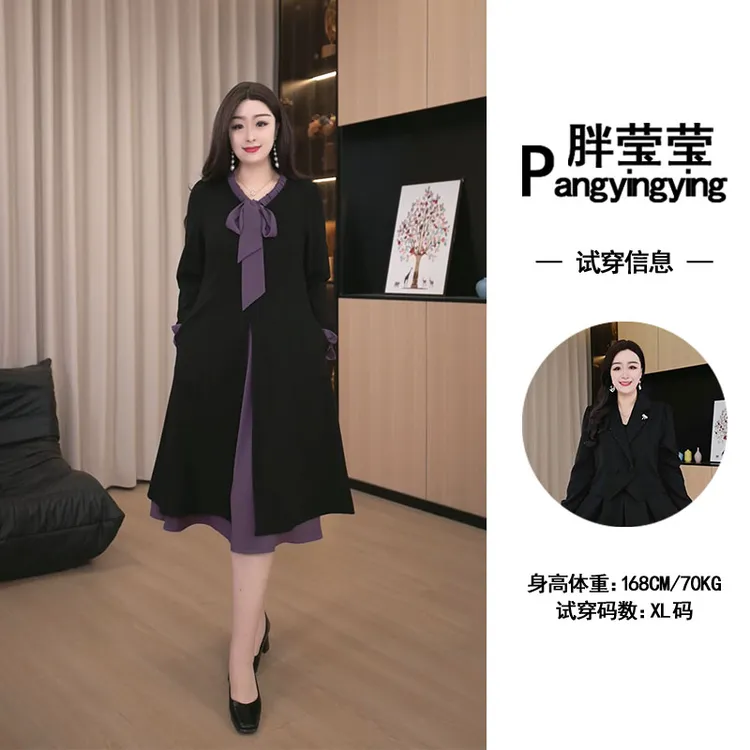 胖大盈定制大码女装2025秋季新款连衣裙绑带设计感长袖裙子ZB6558
