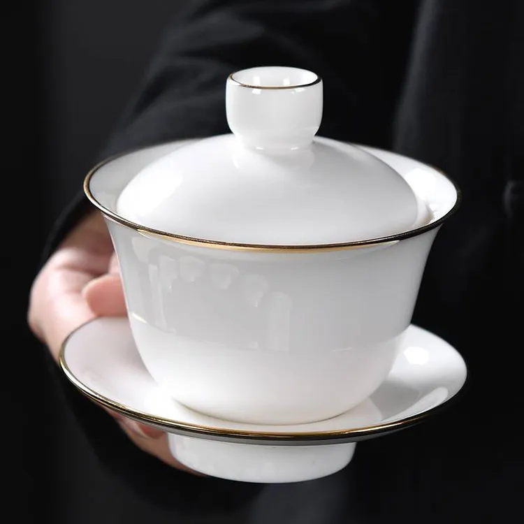 简约手工白瓷盖碗茶盖碗功夫茶具家用陶瓷泡茶碗描金边透光茶杯