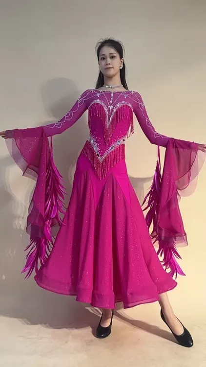 YRSS舞服设计师定制款不退换星星雪纺玫红气质国标摩登表演裙