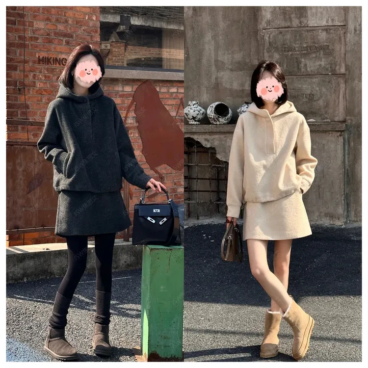 冬季时尚洋气保暖连帽卫衣+短裙两件套装