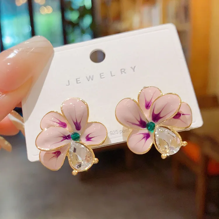 铜合金亚克力耳饰 欧美大气滴油花瓣耳钉女气质简约锆石银针耳环
