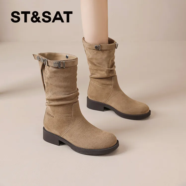 星期六时装靴女2025秋冬季爆款西部牛仔靴厚底马丁靴显腿长中筒靴
