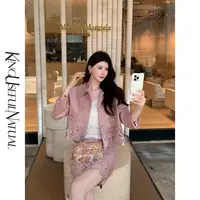 KUN【慕思恋人】优雅法式 雕孔刺绣珠片显瘦浅粉紫色秋款套装