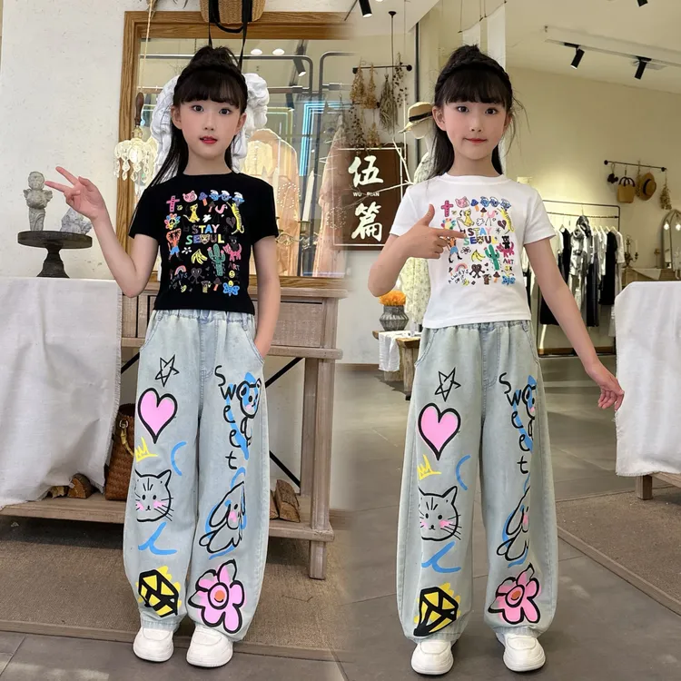 女童夏装套装2025新款儿童洋气时髦短袖T中大童印花牛仔裤两件套