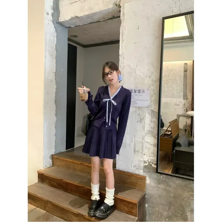 2025春游出行衣服韩系学院风套装针织开衫百褶裙短裙两件套A113