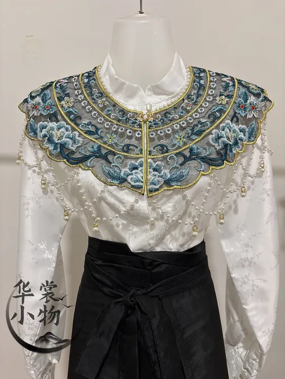 【珞繁花】正品重工刺绣云肩百搭国风蓝色点缀精美双层吊珠假领