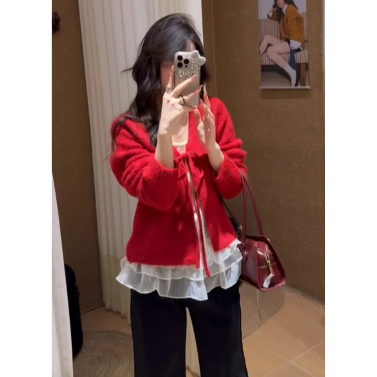 新年过年战袍红色V领系带毛衣开衫女秋冬宽松慵懒风叠穿针织外套