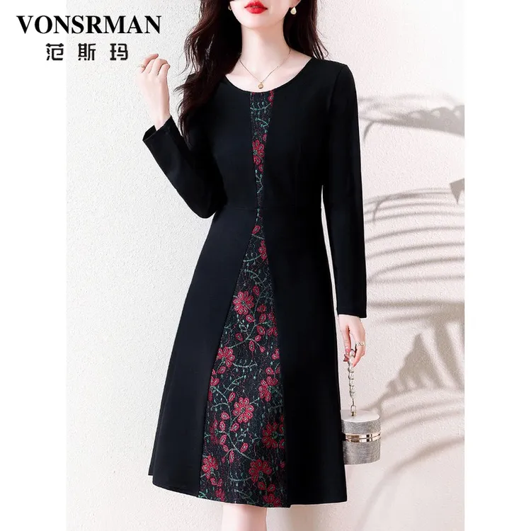 VONSRMAN碎花连衣裙2025新款秋季时尚高端气质遮肚减龄显瘦中长裙