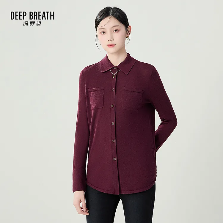 DEEP BREATH深呼吸女装新款时尚纯色衬衫羊毛羊绒针织开衫A301319