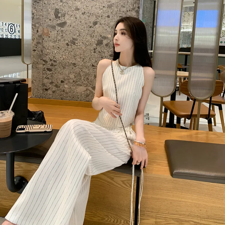 夏装一整套显瘦减龄气质高级感休闲时尚条纹无袖阔腿裤两件套女