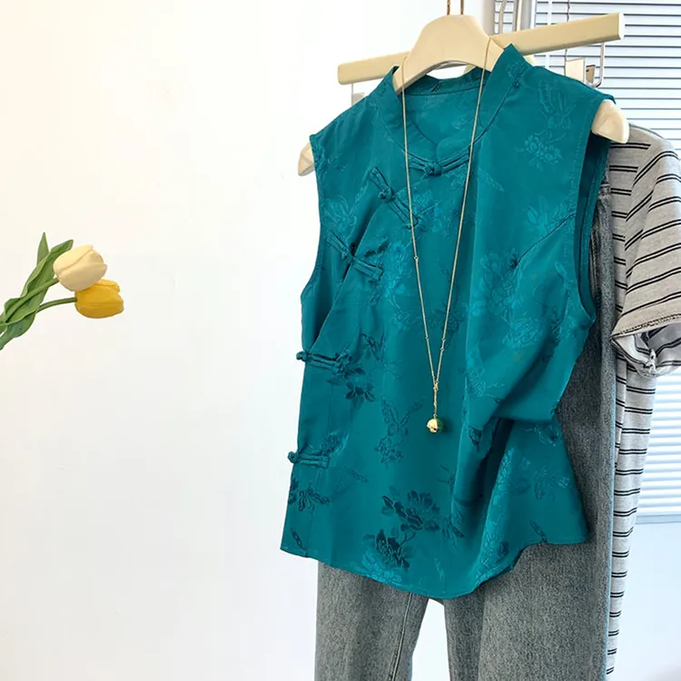 新中式国风提花盘扣马甲女2025夏季新款复古盘扣无袖衬衫背心上衣