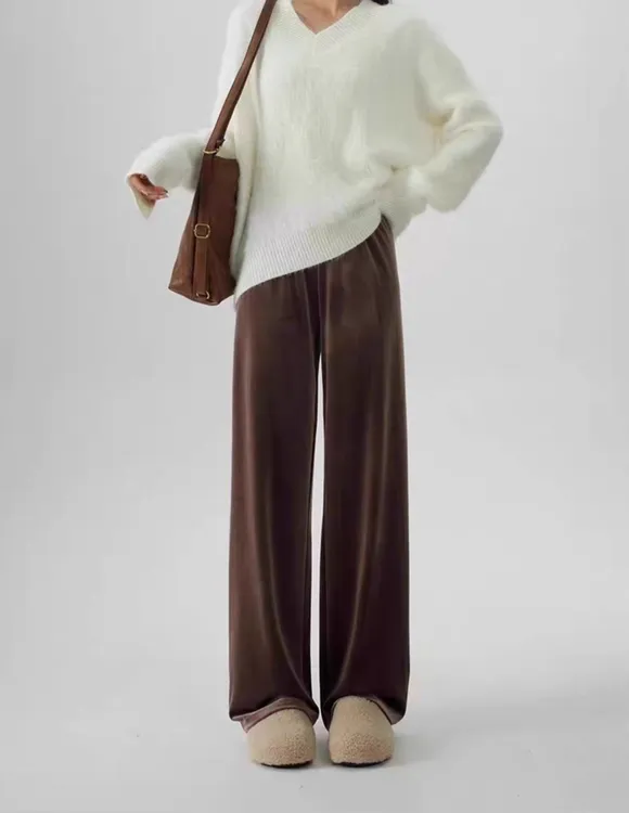 2025秋冬显瘦百搭松紧腰收腰显瘦辣妹精品休闲丝绒阔腿裤