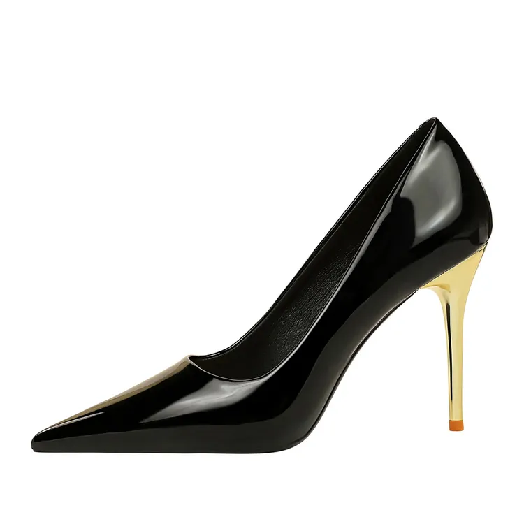 欧美风时尚简约金属跟超高跟浅口尖头亮面漆皮高跟鞋女单鞋