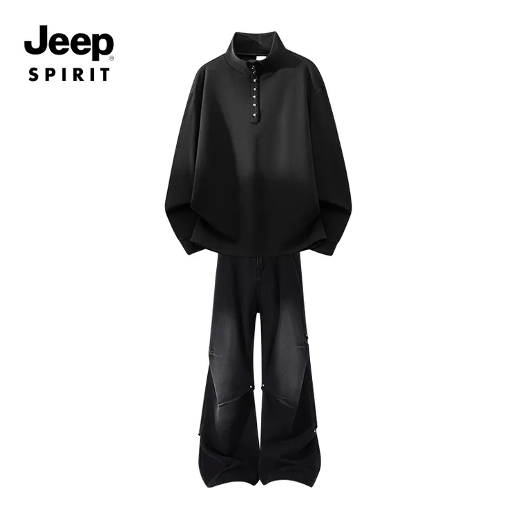 Jeep吉普半高领卫衣男士休闲套装秋冬德绒打底衫直筒牛仔裤两件套