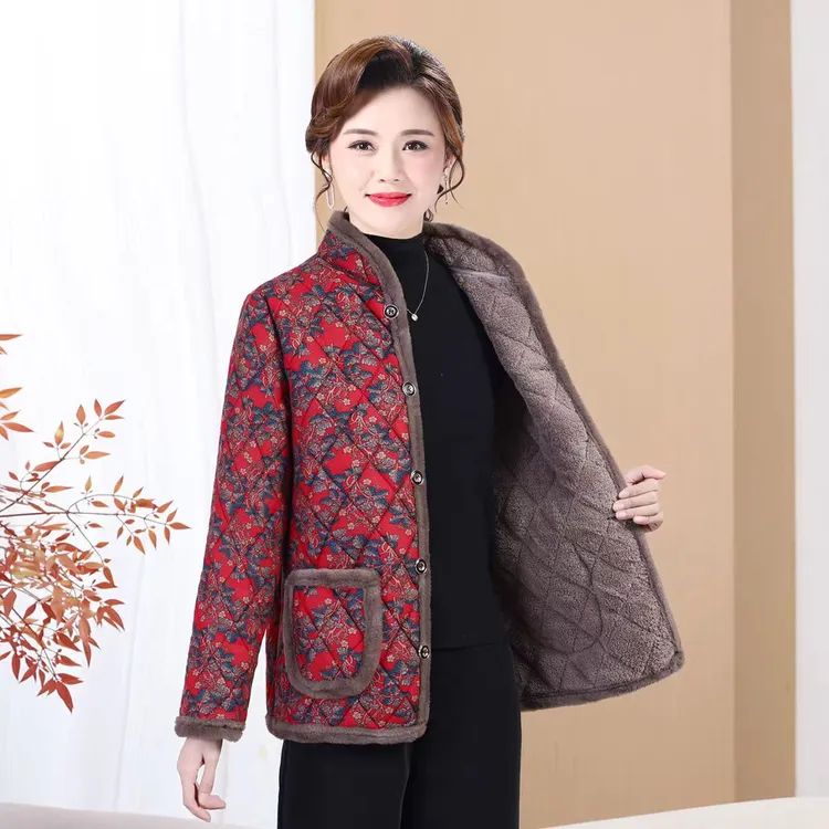 冬季洋气中老年加厚格子棉袄棉服秋冬中老年加厚中老年洋气妈妈装