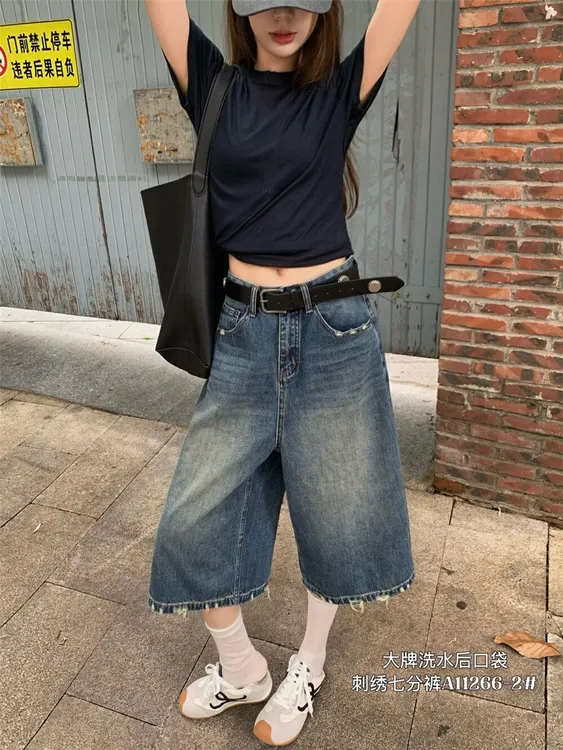 【做旧牛仔】夏款复古深色磨破牛仔中裤