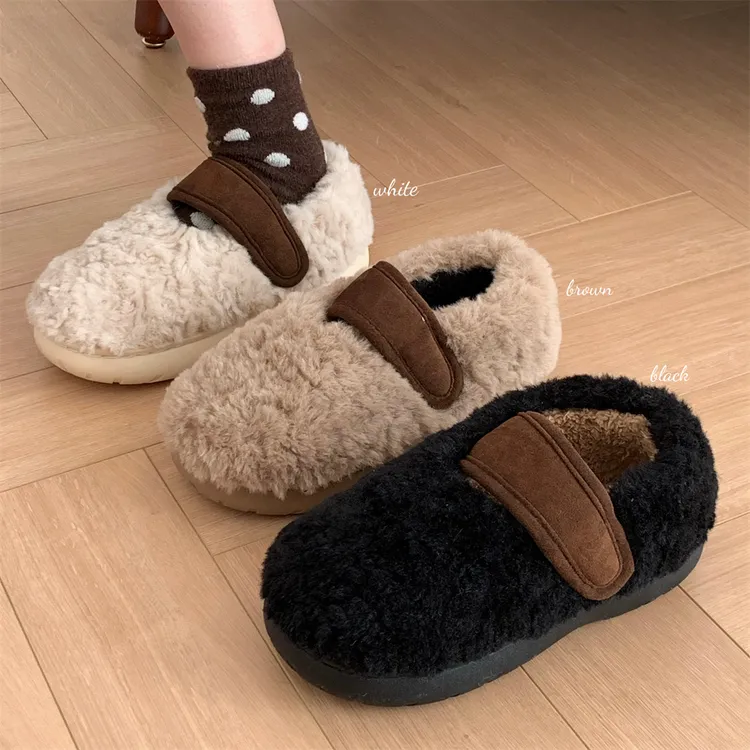 细细条 韩系时尚复古撞色羊羔毛棉鞋女冬季外穿加绒保暖舒适棉拖