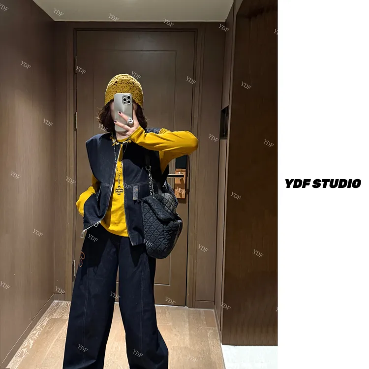 YDFSTUDIO【长岛冰茶】高品早秋重工牛仔马夹内搭+裤子三件套套装