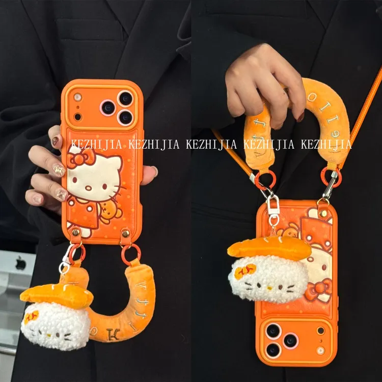 【壳之】橙色探身KT小熊圆边皮纹适用苹果17/16/15/14Promax手机壳