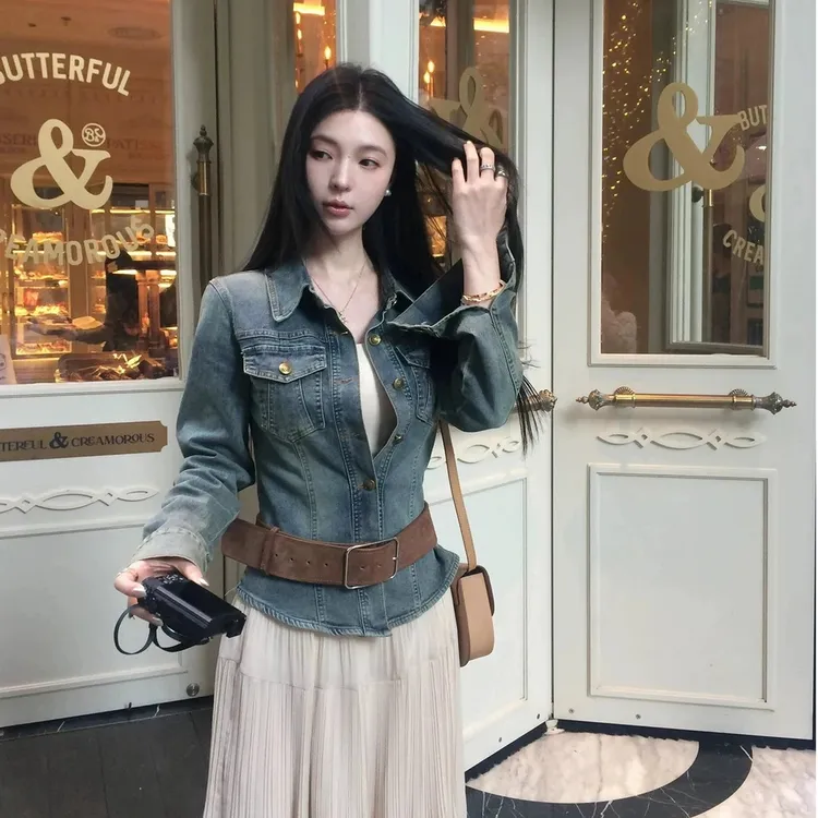 美式复古蓝色polo领牛仔衬衫女装春季高级感收腰修身显瘦外套上衣