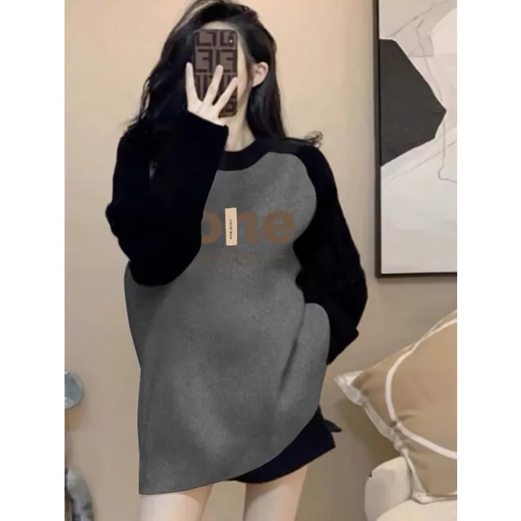 德绒磨毛保暖中长款遮屁股插肩拼接撞色长袖t恤女宽松打底衫秋冬