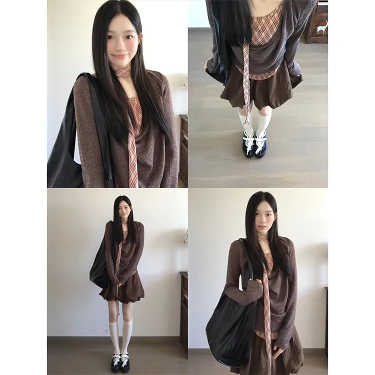 秋季蝴蝶结系带拼接假两件格纹长袖千金清冷感贵系T恤衣服半身裙