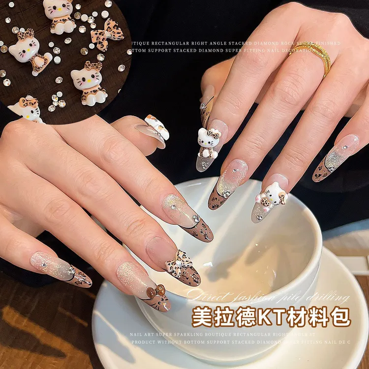 爆款卡通KT猫美甲钻饰品秋冬美拉德豹纹KT平底圆钻DIY美甲素材包