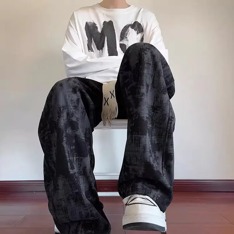 美式高街扎染裤子男秋季直筒宽松抽绳运动裤子渐变设计休闲长裤