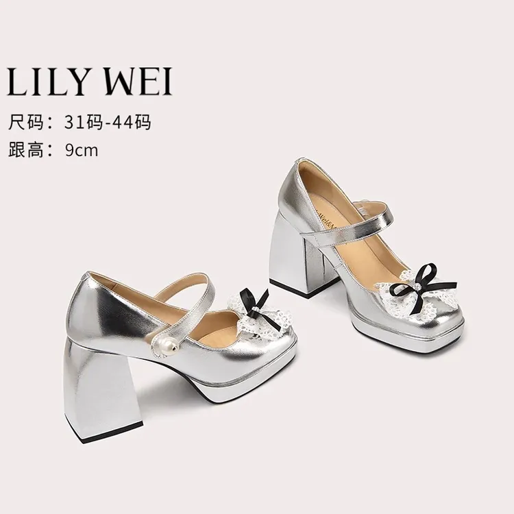 Lily Wei增高粗跟玛丽珍单鞋蝴蝶结洛丽塔银色厚底小码女鞋313233