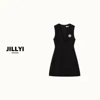 JILLYI【秋季限定】黑色V领雪花胸针高冷气质时尚连衣裙