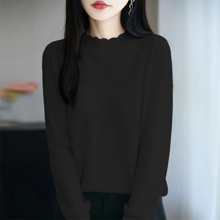 2025年早秋新款精纺羊毛花边圆领针织衫长袖女提花蕾丝打底防走光