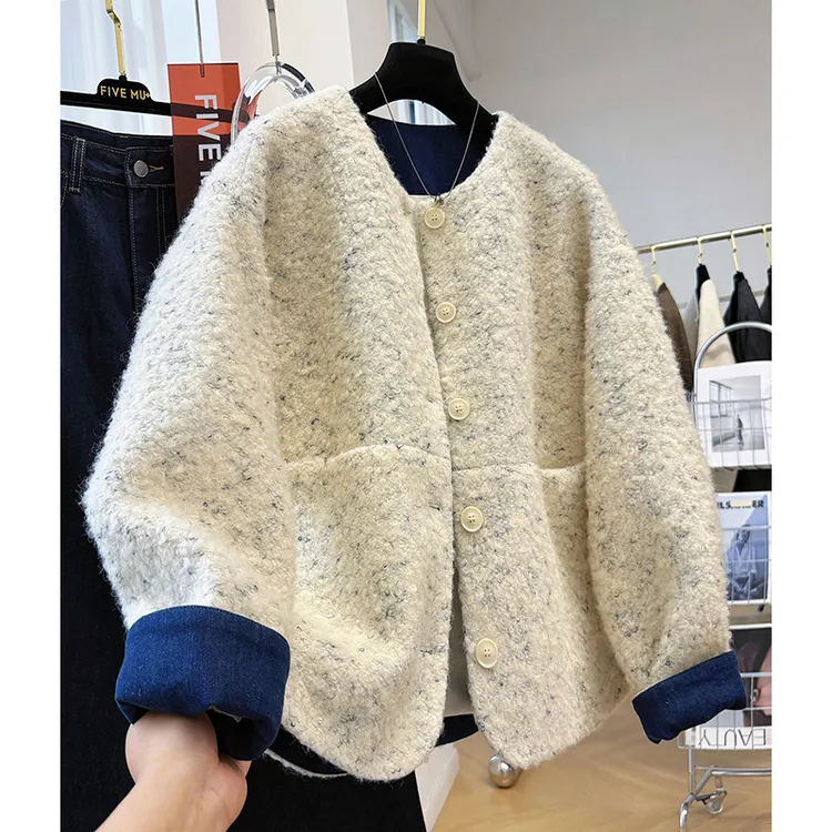 2025新款韩系粗花呢圆领短款毛呢外套女秋冬独特超好看的呢子夹克