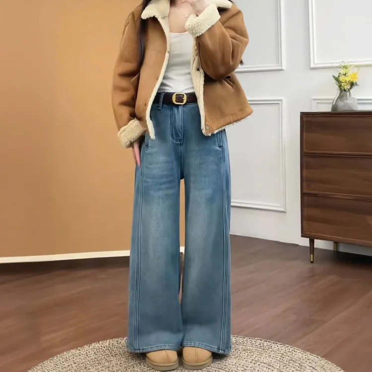 小个子秋冬加绒直筒牛仔裤女裤2025新款高腰复古松弛感宽松阔腿裤