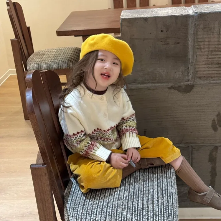 壹妈童装韩版女童洋气套装秋季新款儿童复古毛衣开衫外套黄色长裤