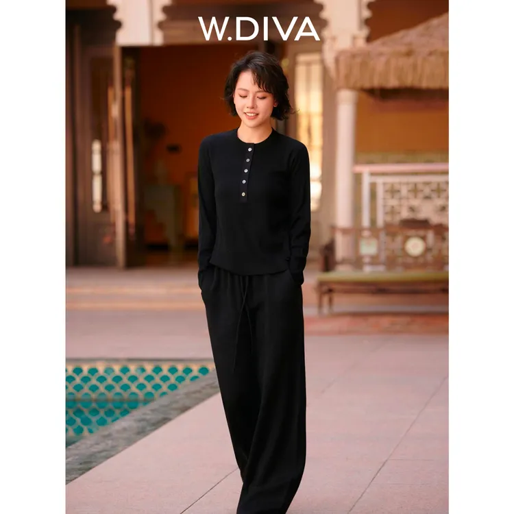 W.Diva【日着夕阳】100绵羊毛高克重元宝针工艺亨利领毛衫53Z012789