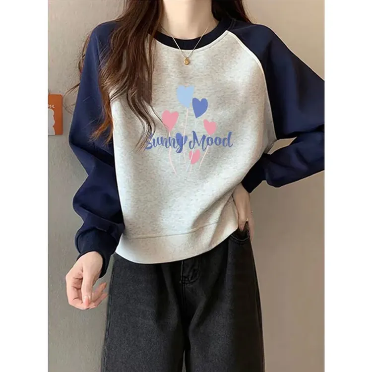 美式复古插肩长袖加绒卫衣女秋冬短款小个子宽松套头外套爆款上衣