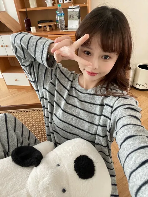 韩版色织灰色德绒条纹睡衣长袖长裤宽松简约保暖套装家居服可外穿